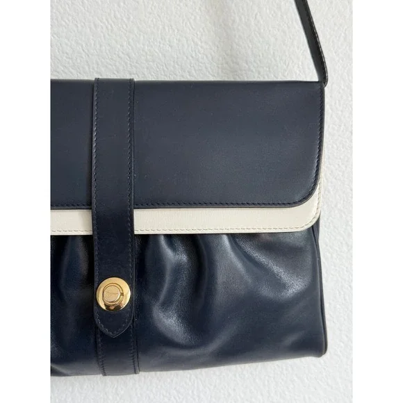 Vintage Salvatore Ferragamo Shoulder Bag Medium Navy Blue Leather Gold Hardware - Picture 9 of 11